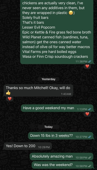 Client DM — down 15 lbs in 3 weeks
